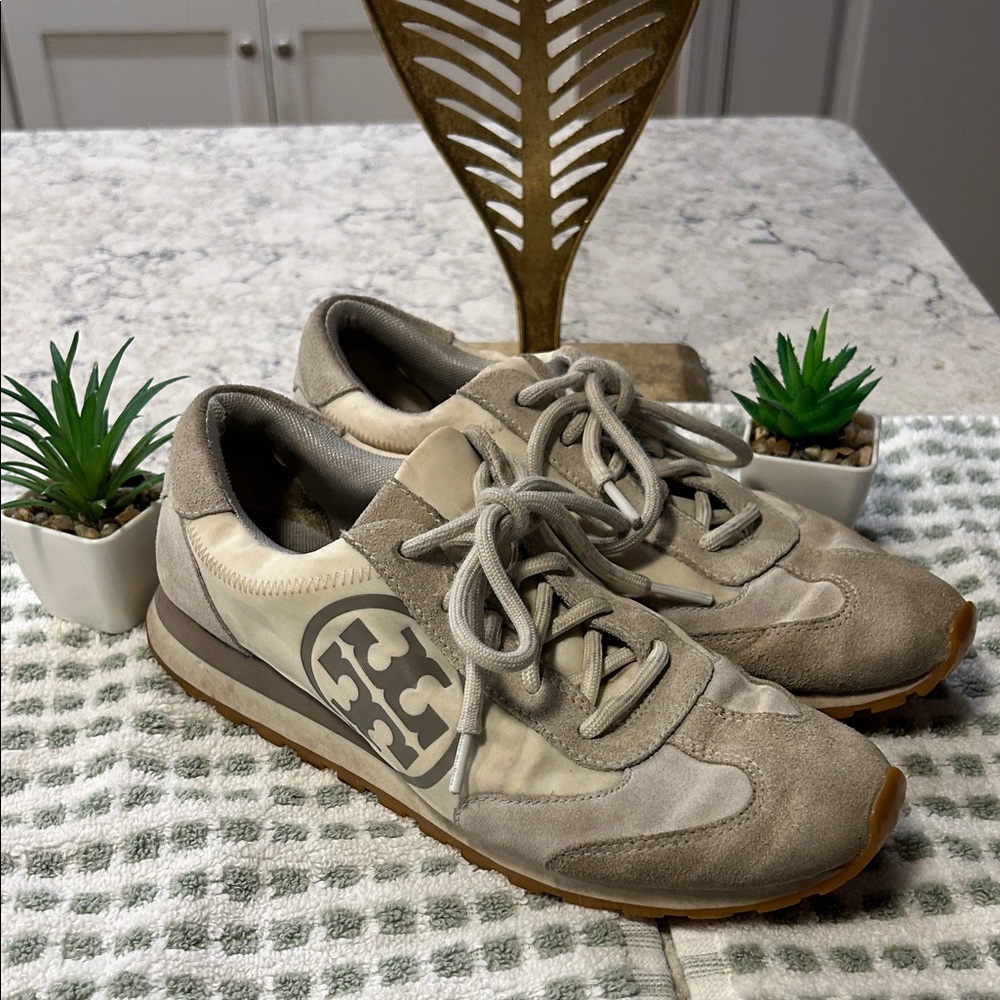 Tory Burch Taupe and Cream Sneakers